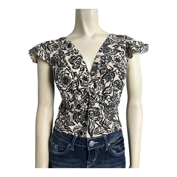 Midnight Sky Floral Linen Rayon Blouse Top Shirt Boho L Large Flutter Sleeve - Picture 1 of 8